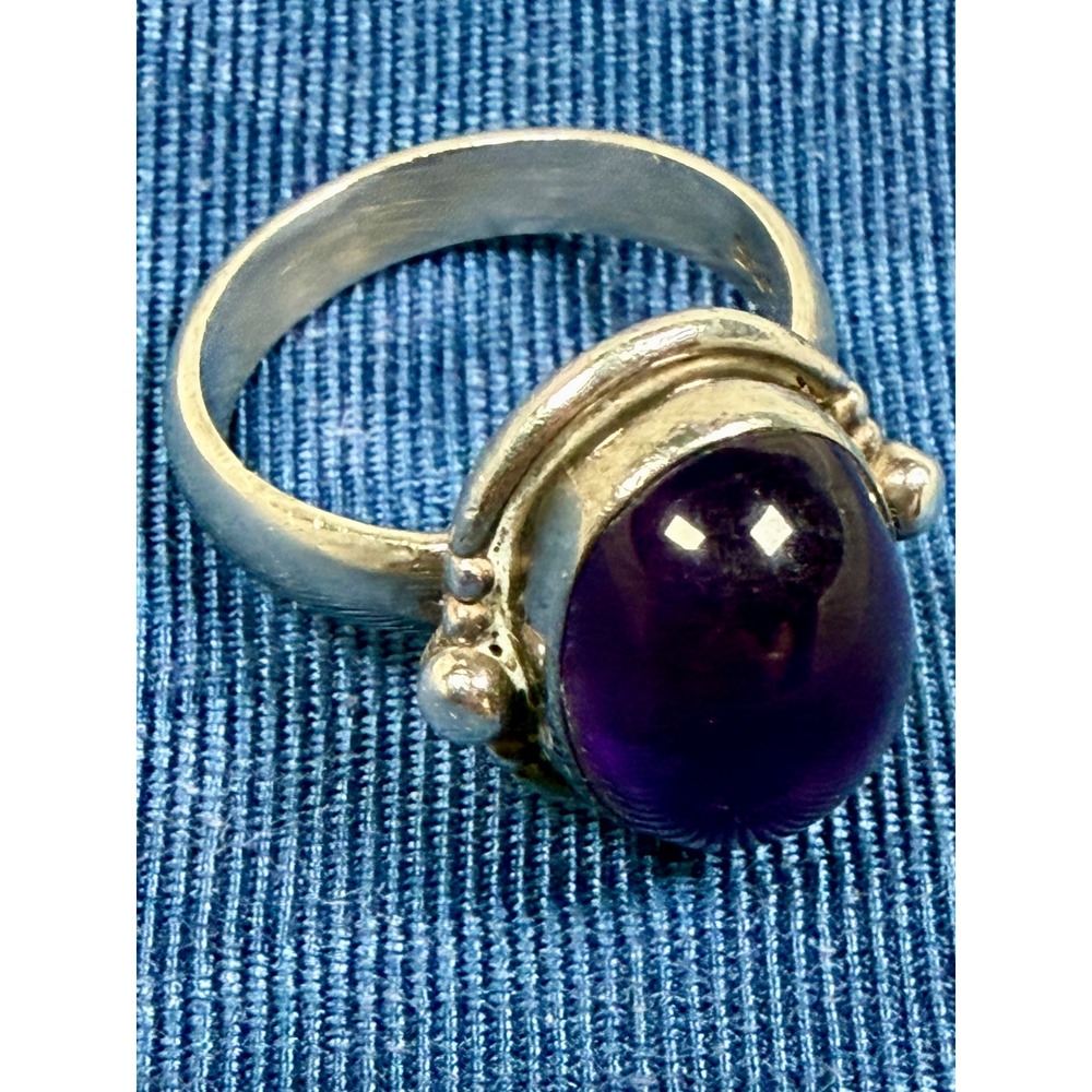 Vintage 925 Sterling Silver Oval Cabochon Amethyst Granulation Ring Size 6 1/2